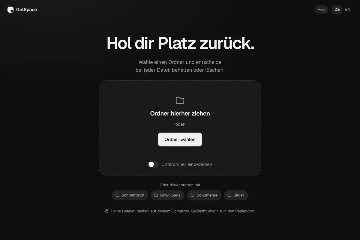 Startseite von GetSpace mit dem Feld zum Ablegen eines Ordners